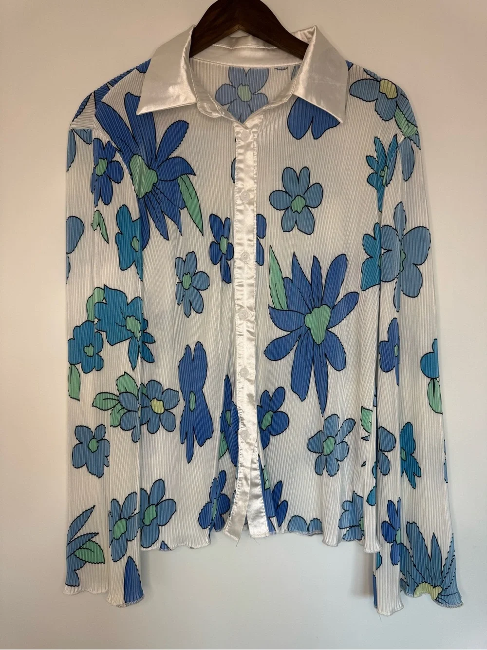 Retro Blue Floral Pleated Blouse Skirt Matching Set Festival Boho Hippie Groovy